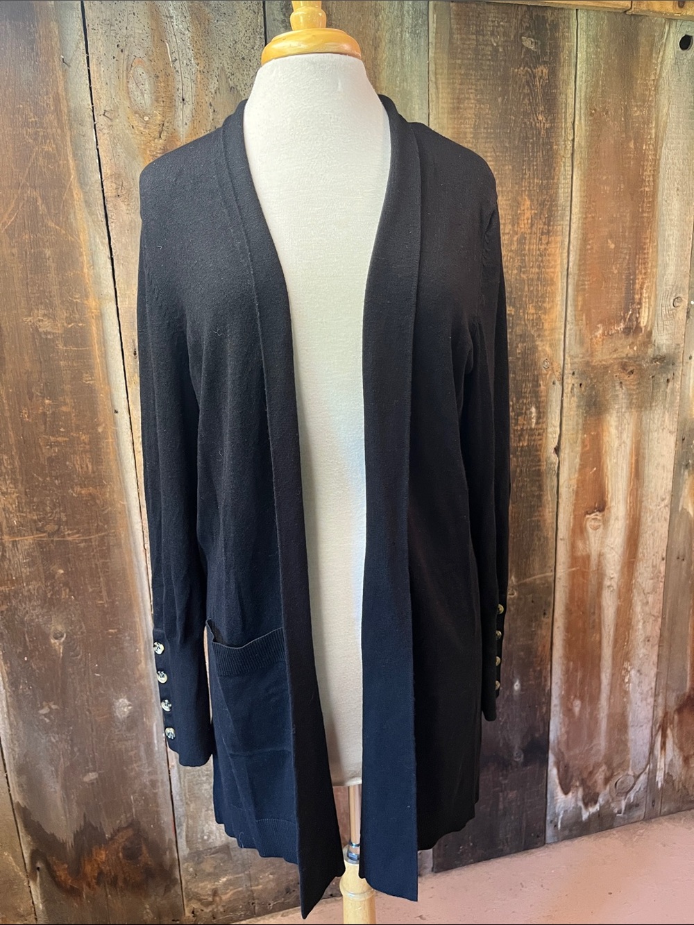 Isela Black Knit Open Front Cardigan Button Sleeve Details Size Large